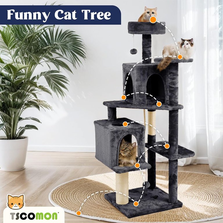 Large grey and black multi-level cat tree tower for indoor cats